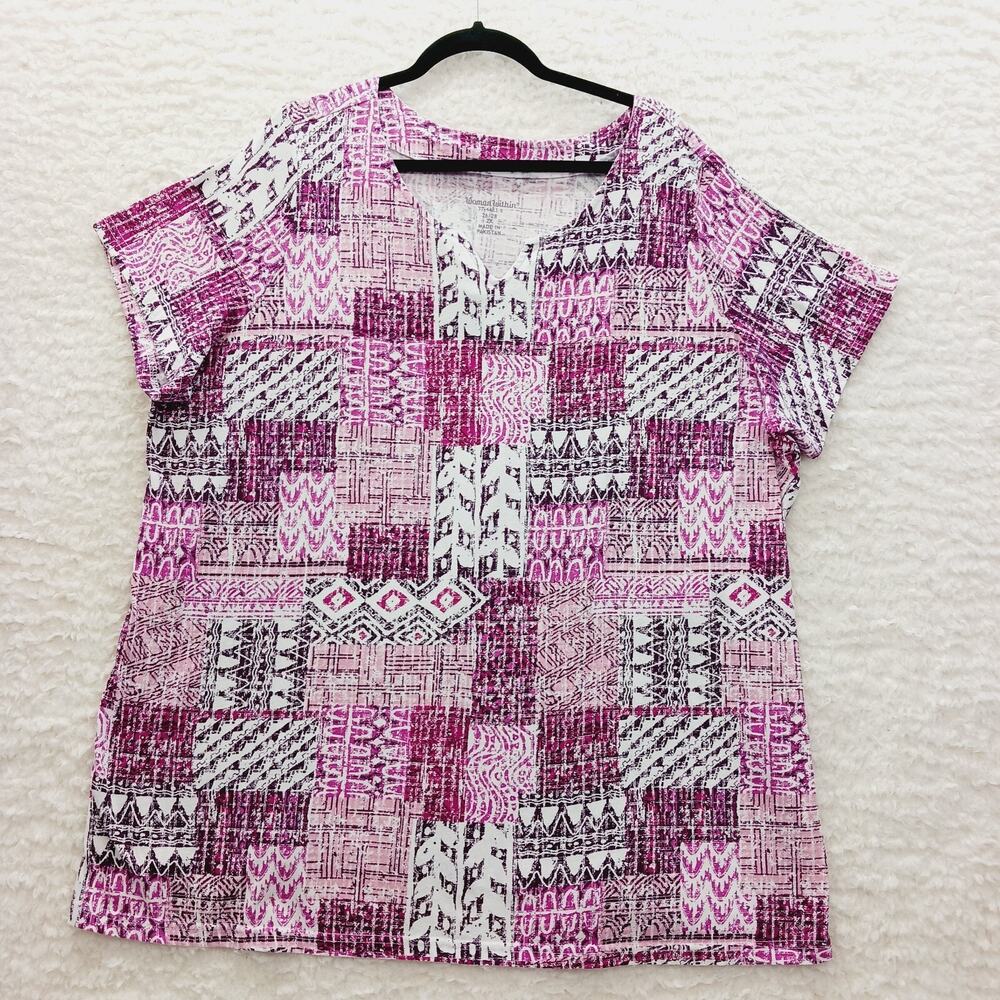 T-Shirt Pink Rose Tribal Geo Patchwork Barbiecore Side Slit Whimsycore Size 2X